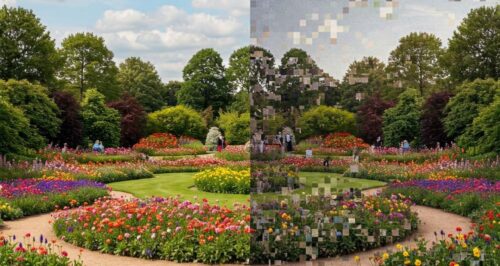 Picture of garden half pixilated through image optimization.